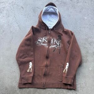 Vintage 00s Skin Industries Mocha Brown Pinup Girl Zip Up Hoodie Skate Grunge